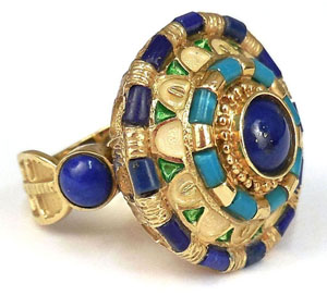 22K gold ring with lapis lazuli and turquoise stones, possibly Egyptian, 15.3 grams. Est. $400-$600. Stephenson's Auctioneers image